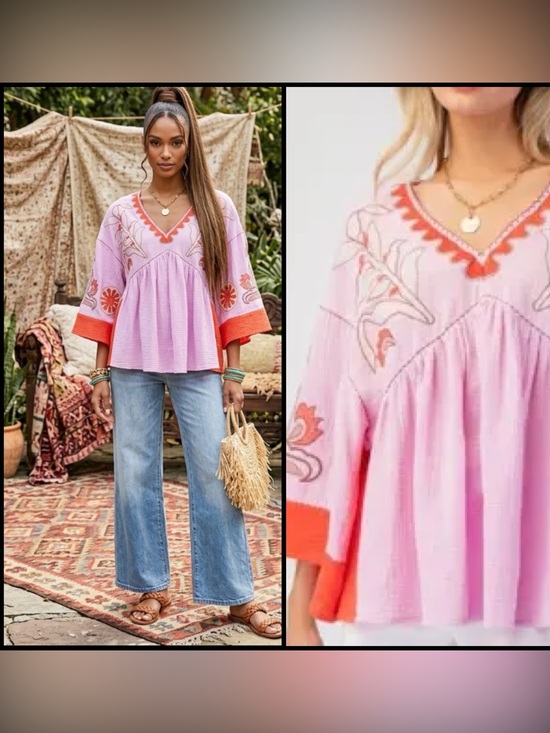 easel Tops - Easel Boho Embroidered V-Neck Cotton Gauze Peasant Babydoll Tunic Pink Top  M